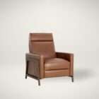 Modern leather recliner in warm brown with structured arms and metal side frame detailing.