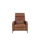 Modern leather recliner in warm brown with structured arms and metal side frame detailing.