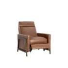 Modern leather recliner in warm brown with structured arms and metal side frame detailing.