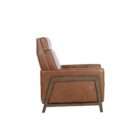Modern leather recliner in warm brown with structured arms and metal side frame detailing.