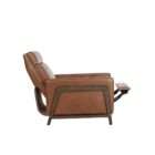 Modern leather recliner in warm brown with structured arms and metal side frame detailing.