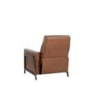 Modern leather recliner in warm brown with structured arms and metal side frame detailing.