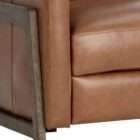 Modern leather recliner in warm brown with structured arms and metal side frame detailing.