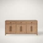 Light wood credenza with three drawers and six cabinet doors, featuring black metal hardware.