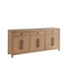 Light wood credenza with three drawers and six cabinet doors, featuring black metal hardware.