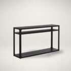 Black console table with slim frame and two open shelves in a minimalist design.