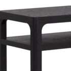 Black console table with slim frame and two open shelves in a minimalist design.