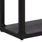 Black console table with slim frame and two open shelves in a minimalist design.