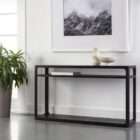 Black console table with slim frame and two open shelves in a minimalist design.