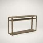 Smoke grey wood console table with slim frame and two open shelves in a minimalist design.