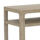 Smoke grey wood console table with slim frame and two open shelves in a minimalist design.