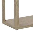 Smoke grey wood console table with slim frame and two open shelves in a minimalist design.