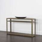 Smoke grey wood console table with slim frame and two open shelves in a minimalist design.