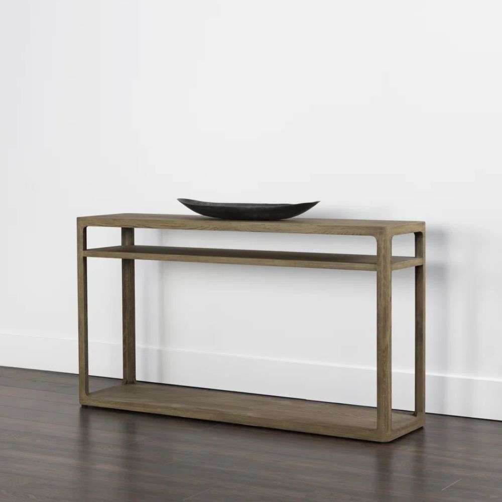 Smoke grey wood console table with slim frame and two open shelves in a minimalist design.