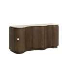 Curved wood sideboard with fluted doors and a light stone top in a warm modern design.