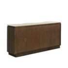 Curved wood sideboard with fluted doors and a light stone top in a warm modern design.