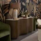 Curved wood sideboard with fluted doors and a light stone top in a warm modern design.