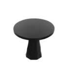 Round black side table with a sculptural pedestal base and minimalist design.