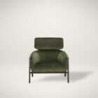 masculine lounge chair that combines modern design elements with contemporary finishes. Stocked in moss green and metropolis blue fabric or with contrasting polo club stone fabric and overcast grey faux leather. A sculpted exposed brown wood frame completes the look.