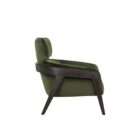 Modern lounge chair with a deep green velvet upholstered seat and backrest, supported by a slim dark wood frame with clean lines.