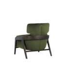 Modern lounge chair with a deep green velvet upholstered seat and backrest, supported by a slim dark wood frame with clean lines.