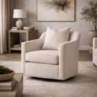 Beige upholstered swivel armchair with a structured silhouette and single back cushion.