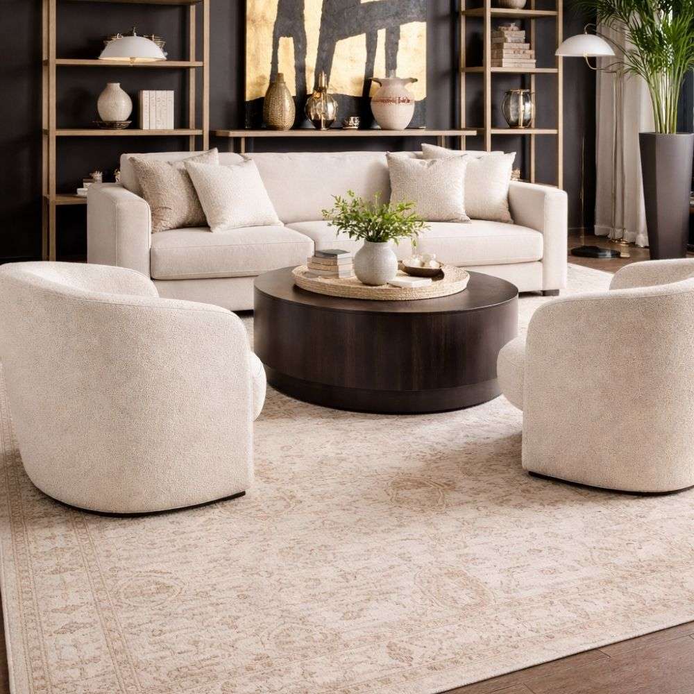 Light neutral area rug with a subtle vintage-inspired pattern in soft beige and ivory tones.