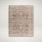 Distressed traditional area rug with intricate pattern in soft taupe, beige, and muted grey tones.