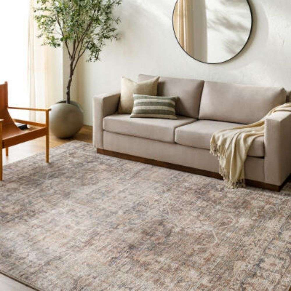 Distressed traditional area rug with intricate pattern in soft taupe, beige, and muted grey tones.
