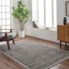 Textured area rug in layered grey and brown tones with subtle horizontal striations.
