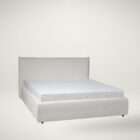 Fully upholstered bed with a clean-lined headboard, soft neutral fabric, and a low-profile frame.