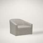 Curved upholstered accent chair in light grey fabric with a low-profile silhouette and rounded back.