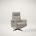 Light grey leather power recliner chair with padded arms, high back, and black swivel base.
