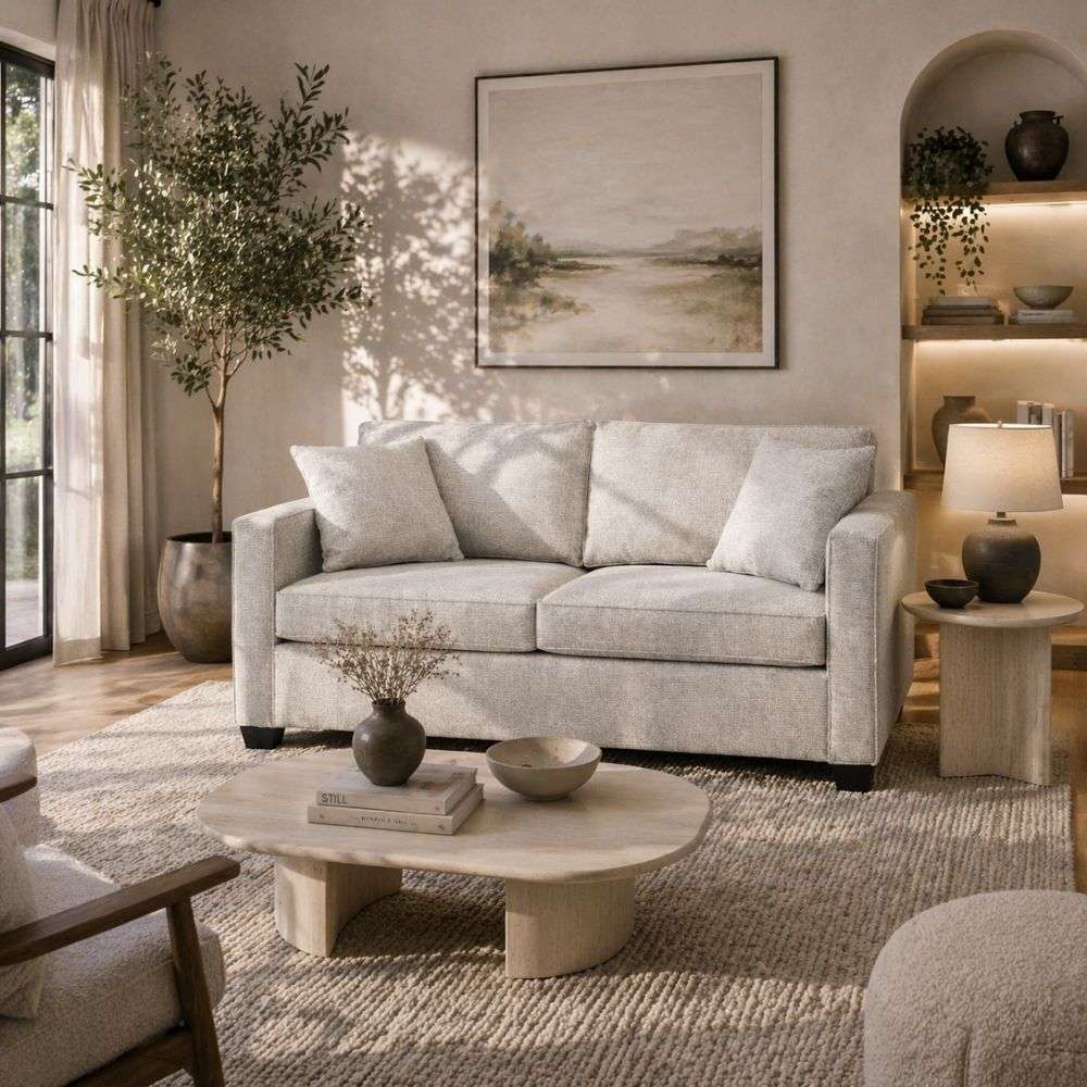 Grey upholstered sofa with track arms, plush seat cushions, and black wood block legs.