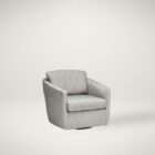 Upholstered swivel accent chair in soft grey fabric with curved arms and a loose back cushion.