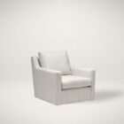 Light neutral upholstered armchair with clean lines, track arms, and a plush seat cushion.