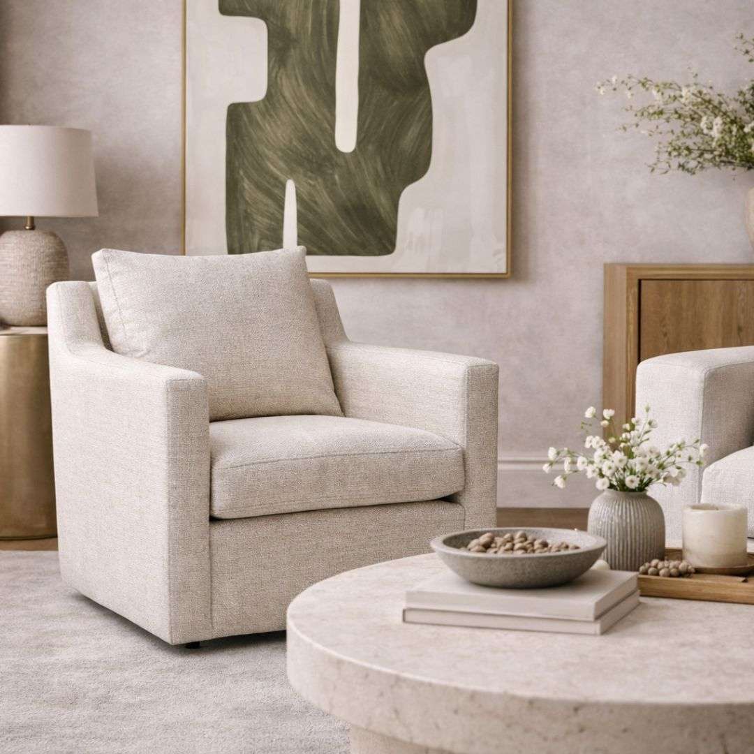 Light neutral upholstered armchair with clean lines, track arms, and a plush seat cushion.