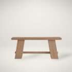 Minimalist wood console table with a rectangular top, angled plank legs, and a lower stretcher in a light natural finish.