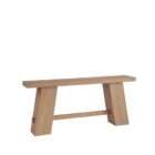 Minimalist wood console table with a rectangular top, angled plank legs, and a lower stretcher in a light natural finish.