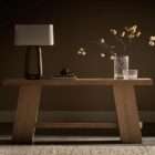Minimalist wood console table with a rectangular top, angled plank legs, and a lower stretcher in a light natural finish.