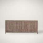 Wood credenza with woven-textured door fronts and a warm grey-brown finish, featuring a clean rectangular silhouette.