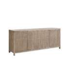 Wood credenza with woven-textured door fronts and a warm grey-brown finish, featuring a clean rectangular silhouette.