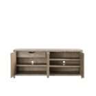 Wood credenza with woven-textured door fronts and a warm grey-brown finish, featuring a clean rectangular silhouette.