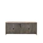 Wood credenza with woven-textured door fronts and a warm grey-brown finish, featuring a clean rectangular silhouette.