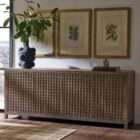 Wood credenza with woven-textured door fronts and a warm grey-brown finish, featuring a clean rectangular silhouette.