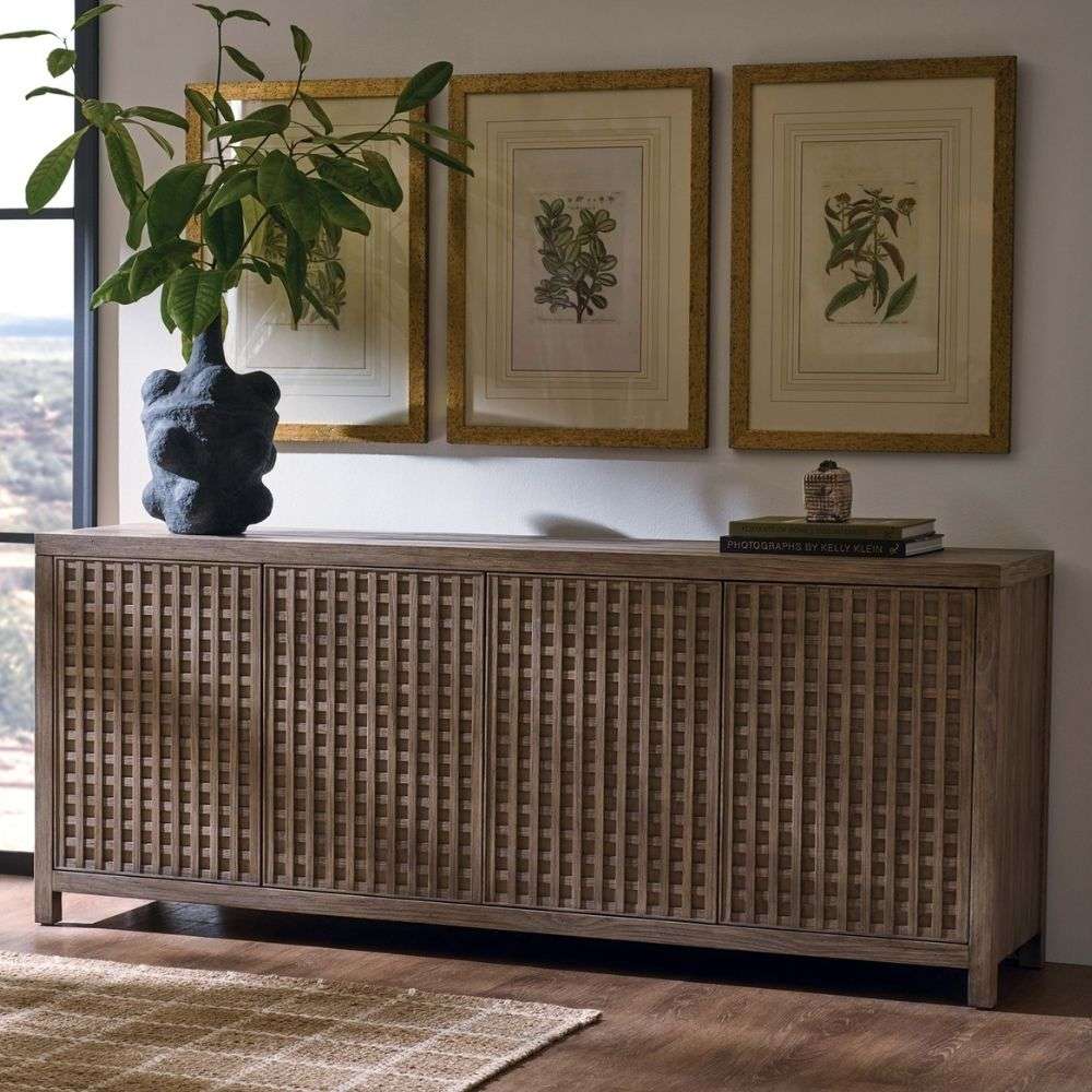 Wood credenza with woven-textured door fronts and a warm grey-brown finish, featuring a clean rectangular silhouette.