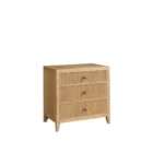 Wood nightstand with three drawers, vertical fluted detailing, and a warm natural finish with round metal knobs.