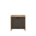 Wood nightstand with three drawers, vertical fluted detailing, and a warm natural finish with round metal knobs.