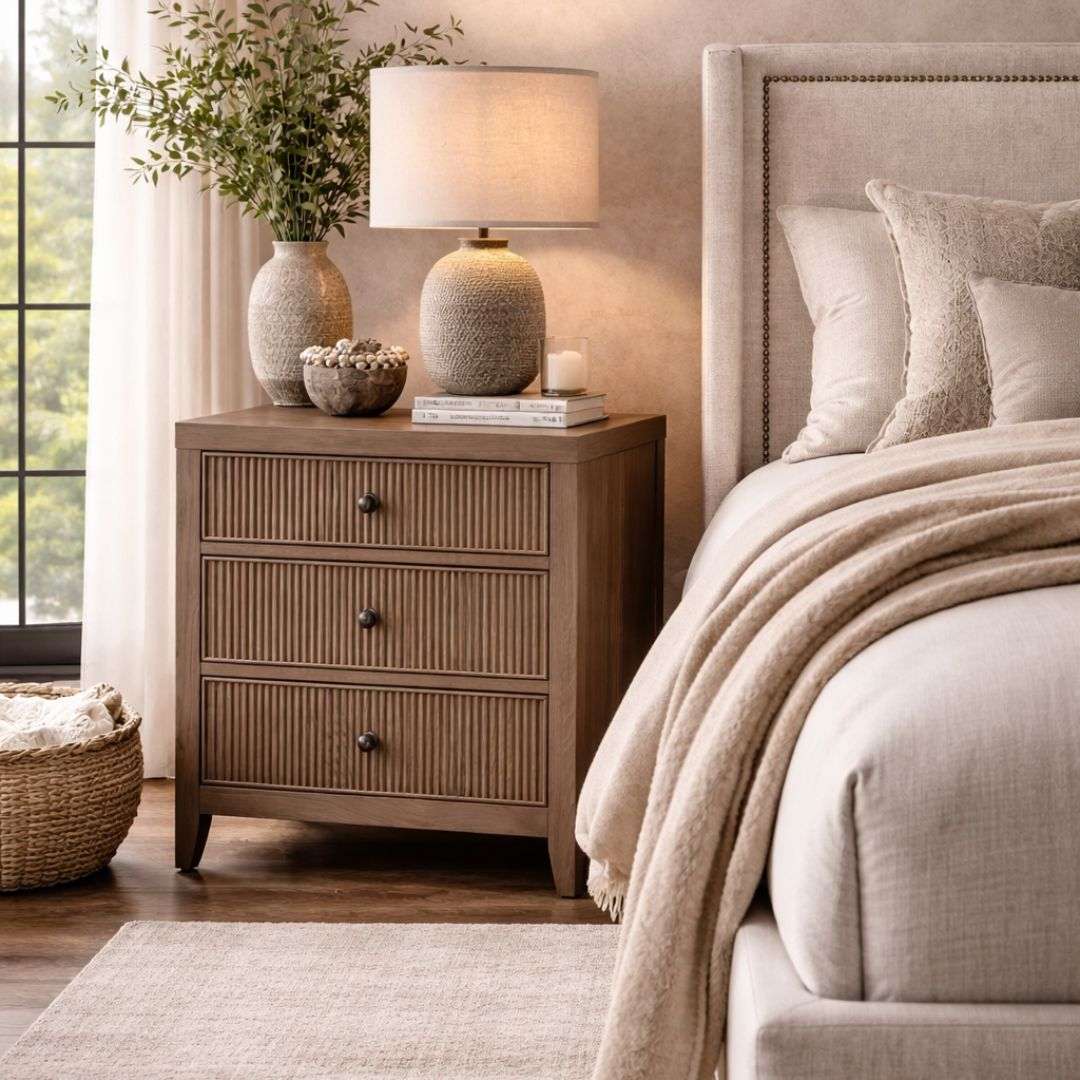 Wood nightstand with three drawers, vertical fluted detailing, and a warm natural finish with round metal knobs.