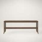 Long wooden console table with a lower shelf, curved legs, and detailed edge trim in a warm medium wood finish.
